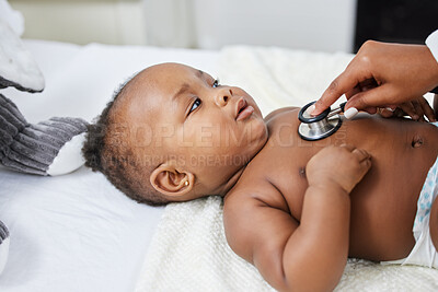 Buy stock photo Doctor, black baby and stethoscope to listen in clinic, sick patient and monitor pulse for healthcare. Pediatrician, child and tool to check for heartbeat or exam on lungs, girl and infant for test