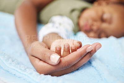 Buy stock photo Shot of a woman lying with her sleeping baby