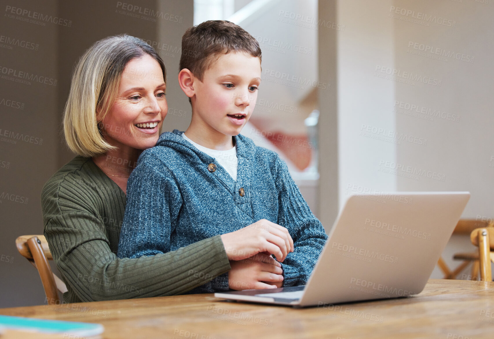 Buy stock photo Laptop, education and mom with child in home for online learning, school project and web lesson. Family, student and mother teaching boy on computer for help with studying, homework and assignment