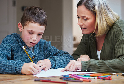 Buy stock photo Shot of a woman helping her son with his school work