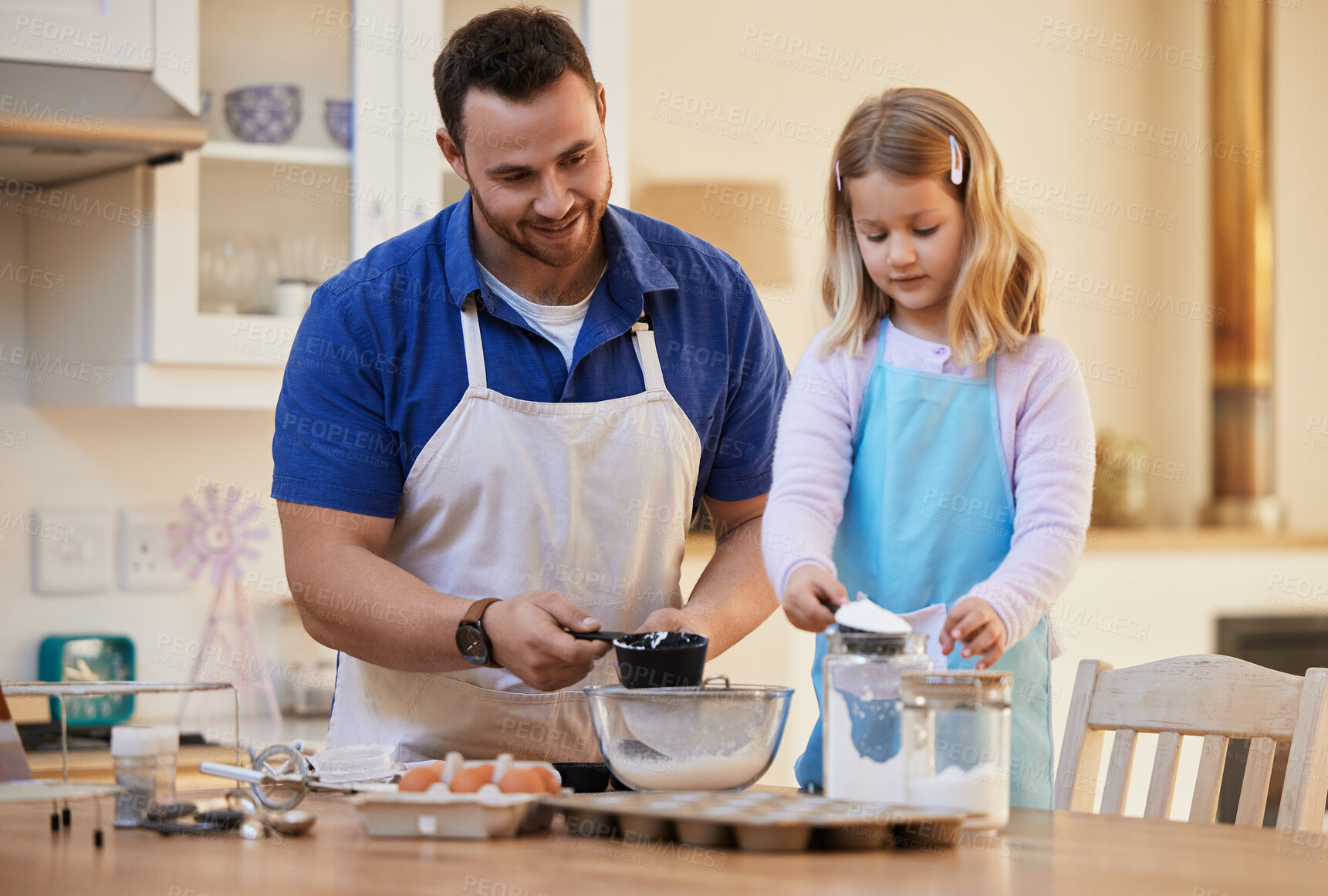 Buy stock photo Recipe, baking and dad with child in kitchen with ingredients for bonding, learning and fun together. Family, home and happy father and girl helping with flour for cupcake, dessert and sweet treats