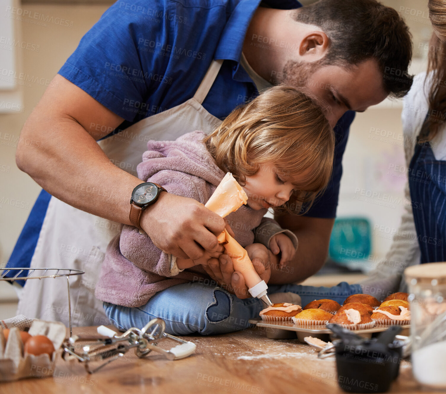 Buy stock photo Cupcakes, baking and dad with girl in kitchen with frosting for bonding, learning and fun together. Family, home and happy father and child helping with decoration for cake, dessert and sweet treats