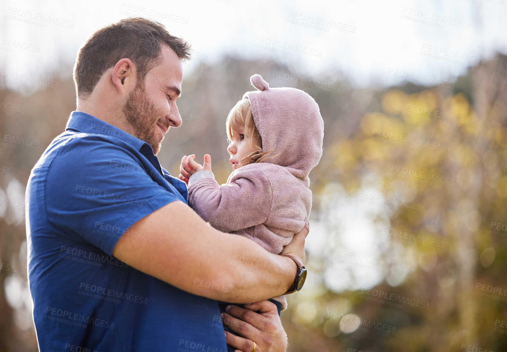 Buy stock photo Dad, baby girl and hug in outdoor for love or bonding, vacation with support and affection. Happy father, daughter and together in nature with trust or care, family holiday for wellness in Canada