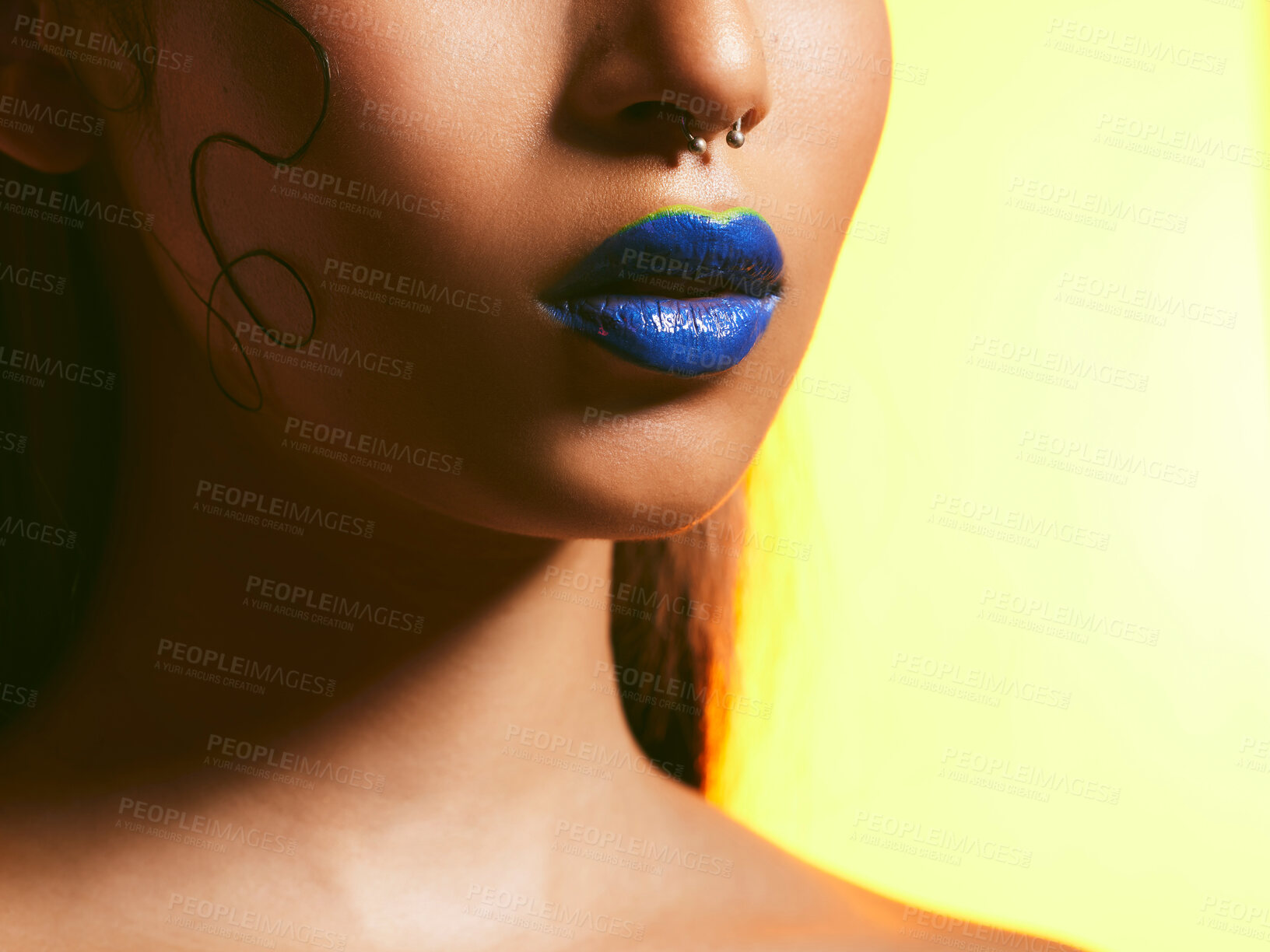 Buy stock photo Makeup, blue lipstick and lips of woman in studio for cosmetics, eye shadow and beauty salon. Creative aesthetic, cosmetology and face zoom of female person for glamour, luxury style and skin glow
