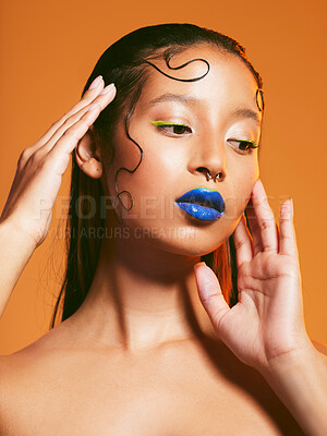 Buy stock photo Neon makeup, beauty and portrait of woman in studio for cosmetics, eye shadow and aesthetic. Creative design, cosmetology and face of female person with blue lipstick for glamour, fashion and style