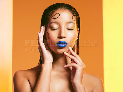 Buy stock photo Makeup, cosmetic art and face of woman in studio for cosmetics, eye shadow and beauty salon. Creative aesthetic, cosmetology and female person with blue lipstick for glamour, luxury style and glow