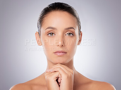 Buy stock photo Skincare, portrait and woman in studio with confidence for dermatology, natural treatment or wellness on gray background. Body, hands and model for aesthetic, organic cosmetic or hygiene routine