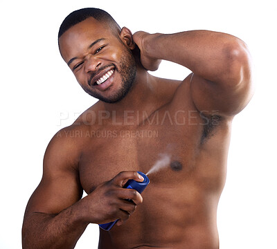 Buy stock photo Black man, studio and smile with body spray for grooming, body care and hygiene on white background. Male person, portrait and deodorant for skincare, fresh smell and cosmetics product for armpit