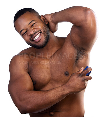 Buy stock photo Studio portrait of a handsome young man applying deodorant against a white background