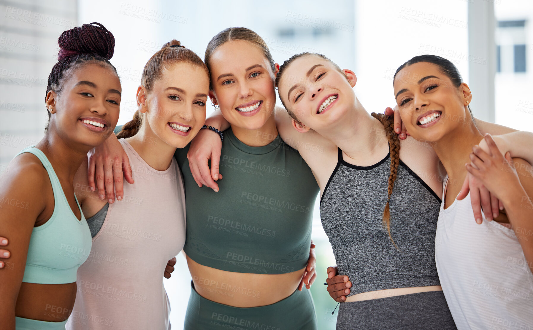 Buy stock photo Shot of a diverse group of women standing together after their yoga class