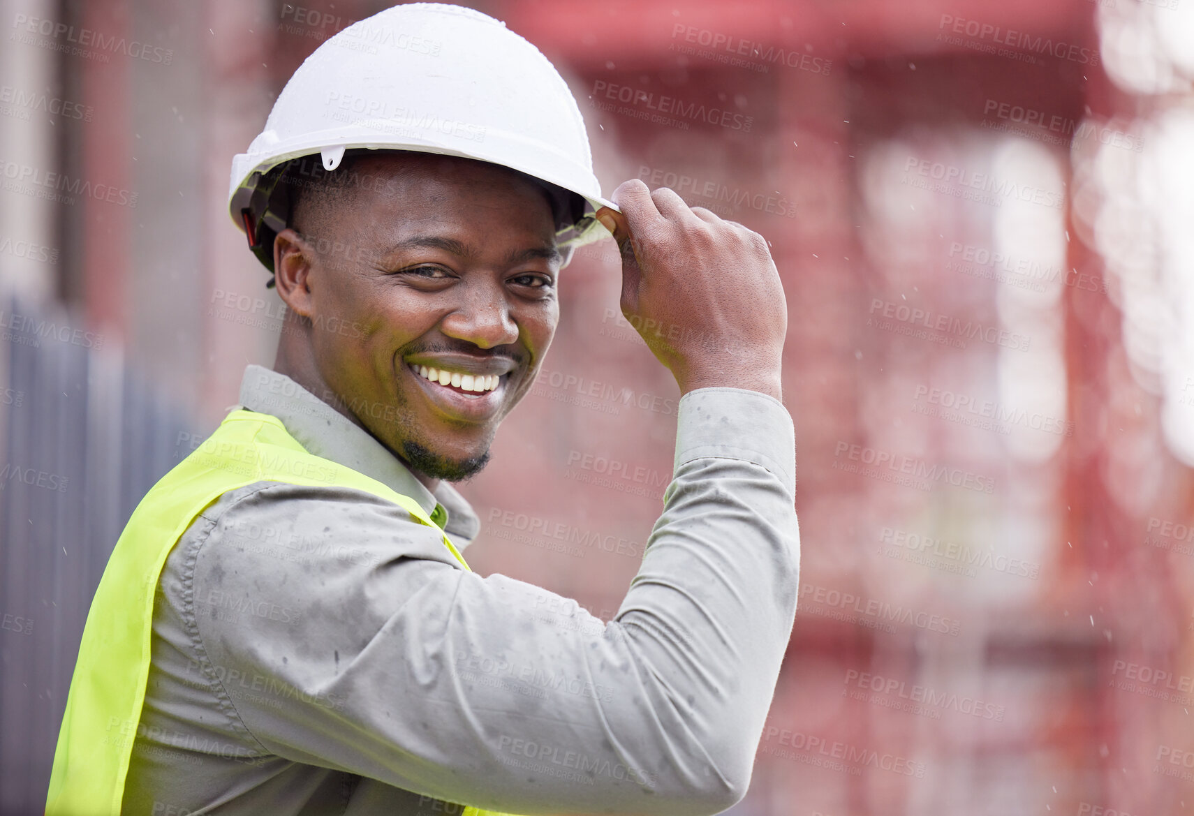 Buy stock photo Portrait of happy black man engineer, helmet and construction site with mockup in city with safety. Smile, architect or project manager at building, engineering and urban maintenance with scaffolding