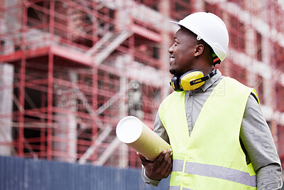 Buy stock photo Industry, architecture and black man construction worker on site for building repairs or maintenance. Contractor, career and male industrial engineer working with blueprint for property development.