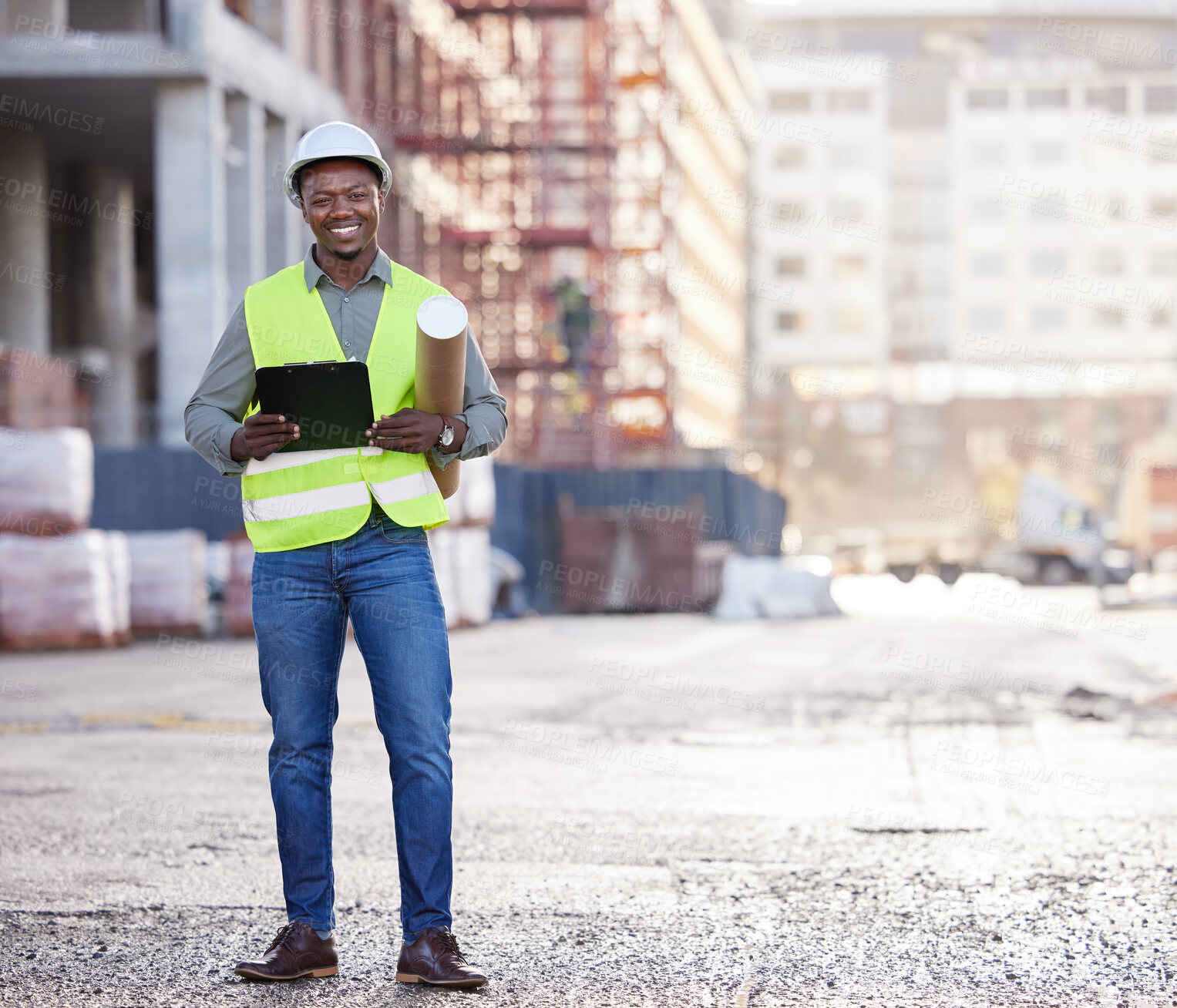 Buy stock photo Portrait of black man engineer, tablet and construction site with mockup space in city, planning and safety. Smile, architect or project manager at building, urban engineering and digital blueprint.