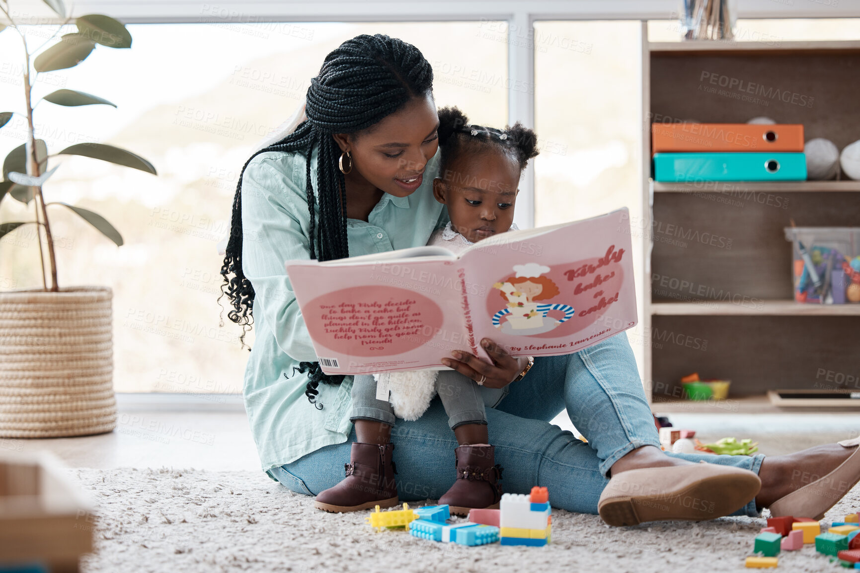 Buy stock photo Home, baby and mother reading a book, relax and bonding together with happiness, learning and storytelling. Development, family and single parent with baby, mama and kid with fairytale and language