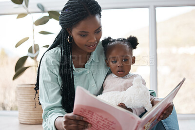 Buy stock photo House, baby and mother reading a book, relax and bonding together with happiness, language and storytelling. Childhood, black family and parent with love, mama and kid with fairytale and learning