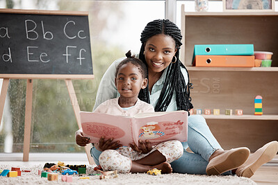 Buy stock photo Mother, child and portrait with book in home school for reading, learning or education in living room. Family, black woman and girl together with kids novel for bonding, studying and development