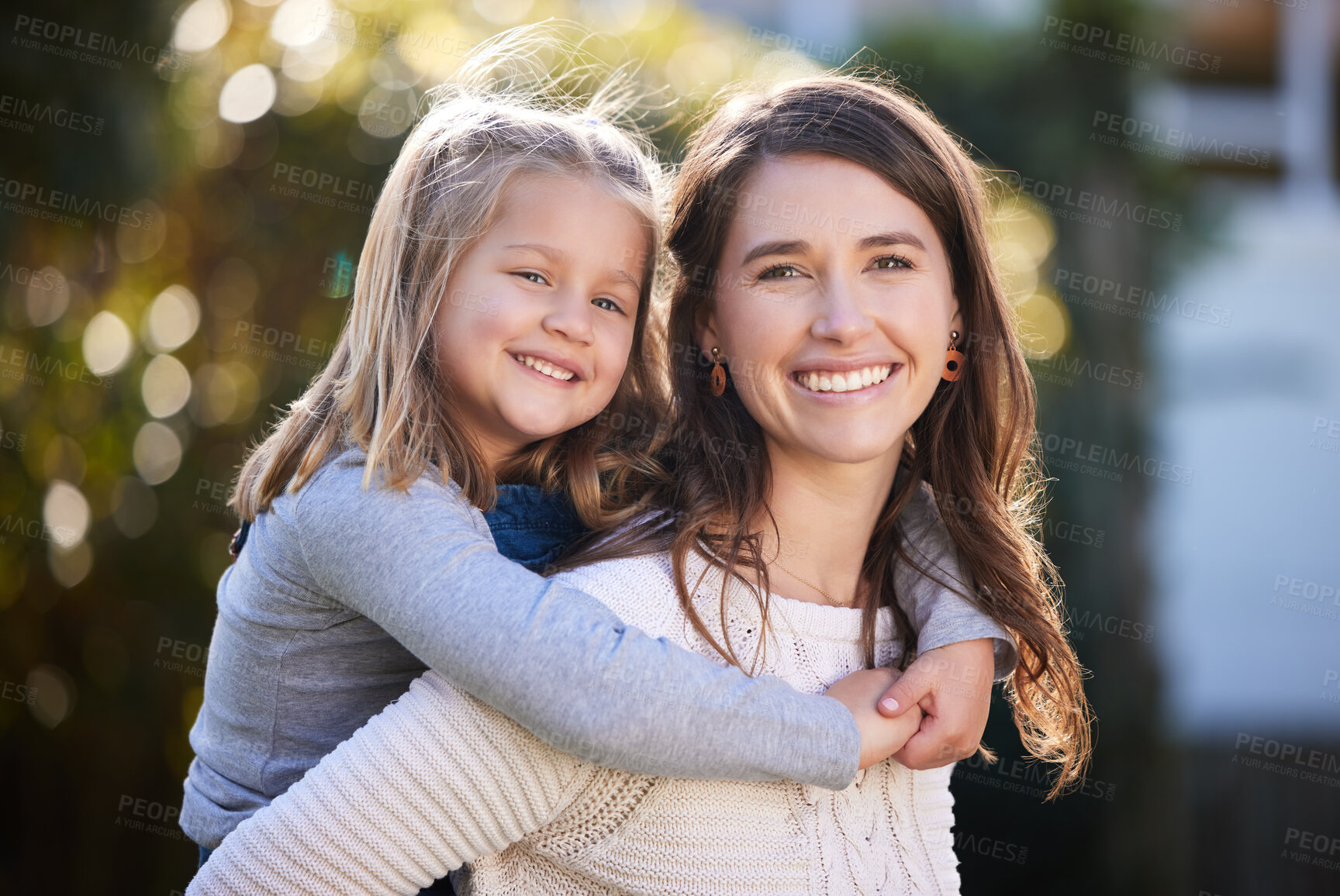 Buy stock photo Piggyback, mom and girl child in park for love, care or bonding together with single parent or wellness. Development, relax or happy mother in nature for support, security or safety with smile or kid