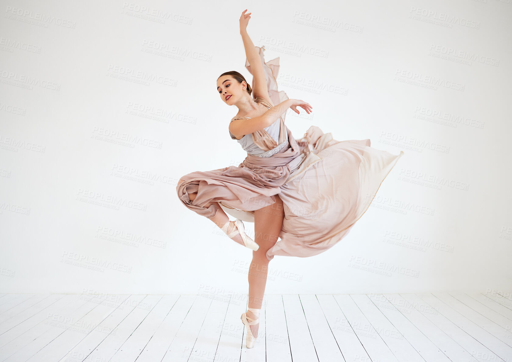 Buy stock photo Art, ballet and girl dance for training, balance or choreographic exercise in studio. Ballerina, elegance and teenager in dress to practice creative performance with body on white background mockup