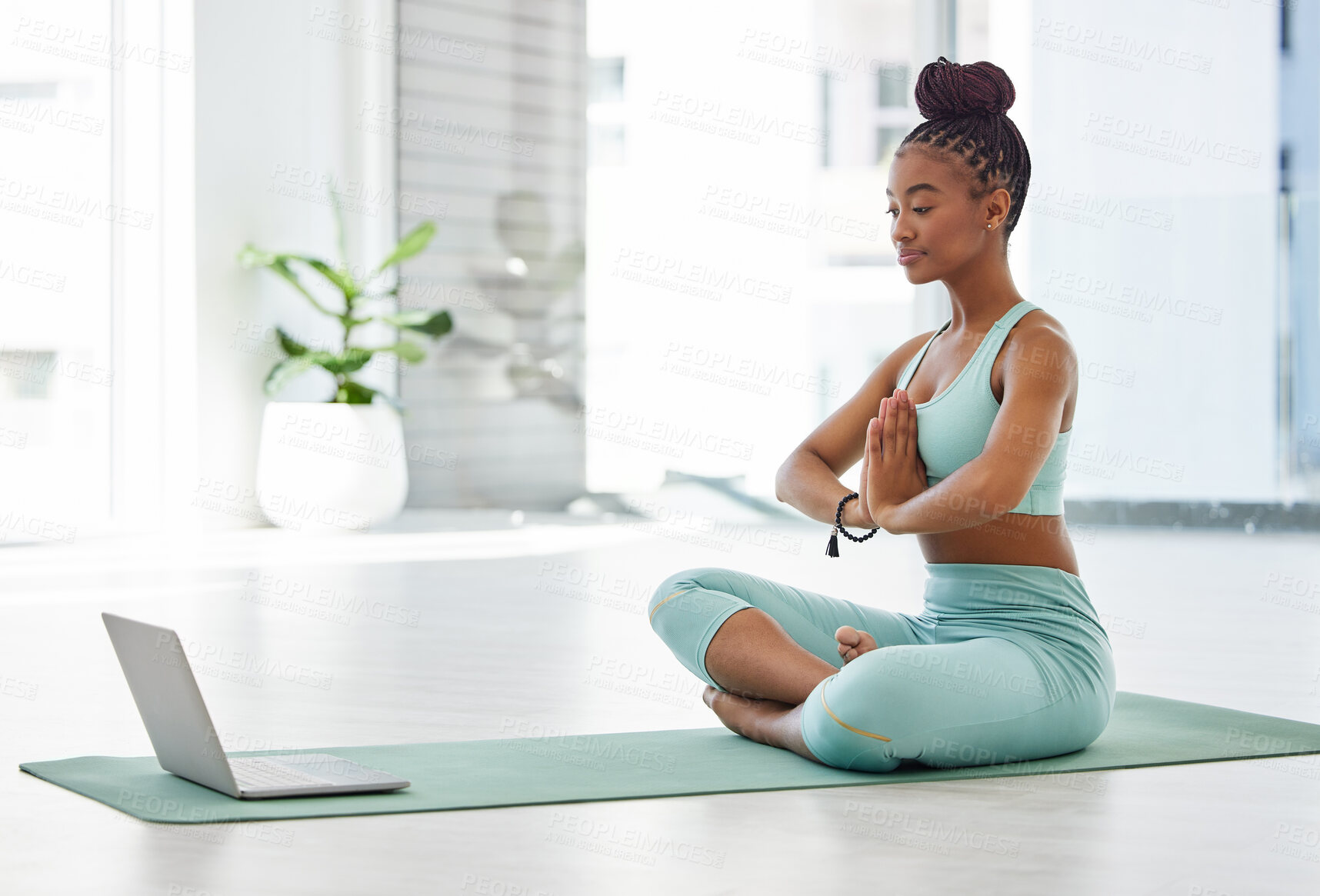 Buy stock photo Laptop, yoga class and woman in wellness studio with elearning for meditation certificate for health. Digital, seminar and zen balance on gym mat with website and namaste for online and virtual class