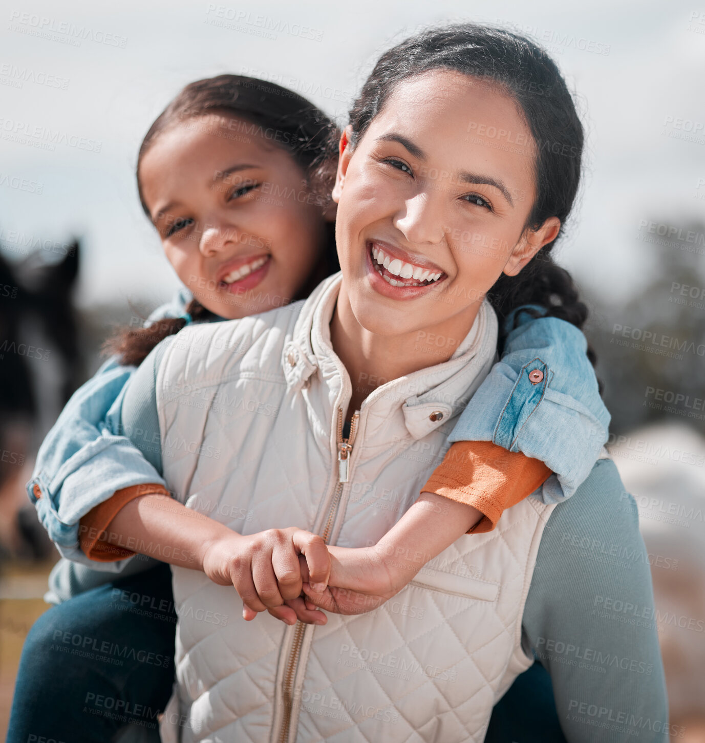 Buy stock photo Piggyback, mother or portrait of child in farm for support in nature for care, safety or learning on ranch. Smile, family or happy single parent mom with kid or girl for security, love and growth