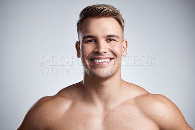 Buy stock photo Portrait of happy man, fitness and muscle on studio, background and backdrop of strong power, athletic confidence and athlete. Face, muscular bodybuilder and topless male model smile for sports pride