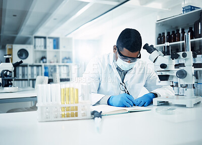 Buy stock photo Man, scientist and writing notes in research for discovery, breakthrough innovation and information at lab. Male person, science professional and notebook for scientific data of results in laboratory