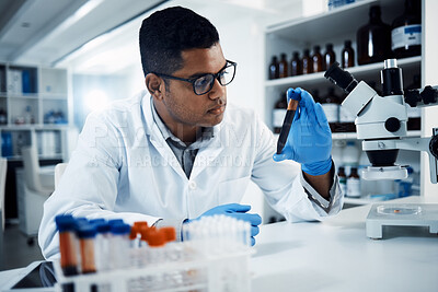 Buy stock photo Indian man, blood or scientist in lab for science innovation, life expectancy or antiaging medicine. Futuristic, medical vial or healthcare biologist with DNA chemistry in research or examination