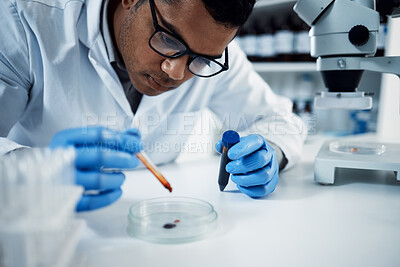 Buy stock photo Science, blood test and male scientist in a laboratory doing research with dna sample tubes. Rna, medical innovation and professional man researcher working on a data project in a pharmaceutical lab.