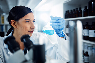 Buy stock photo Research, liquid and woman scientist in laboratory with medical, sample and analysis. Healthcare, medicine and lady expert in lab with fluid for vaccine, cure or futuristic, innovation or solution
