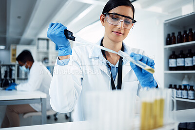 Buy stock photo Woman, vial liquid or scientist in lab for medical innovation, life expectancy and antiaging medicine. Future, test and healthcare biologist with chemistry tube in research or science examination