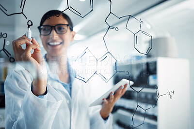 Buy stock photo Science, equation and woman writing chemistry formula for medical research, analysis and medicine on tablet. Healthcare, pharmacy and happy female scientist with digital tech write solution in lab