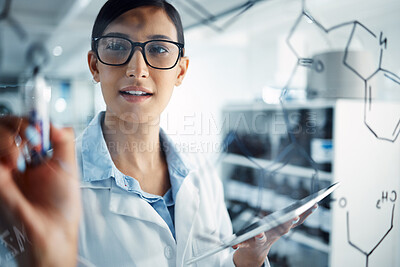 Buy stock photo Woman, scientist and glass board, equation and formula with problem solving and scientific study in lab. Female doctor writing with tablet, chemistry and science innovation with medical research