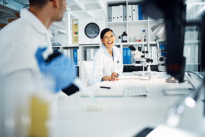 Buy stock photo Science, collaboration and scientists working in a laboratory for medical research or analysis together. Biotechnology, pharmaceutical and team of scientific researchers in discussion on biology.