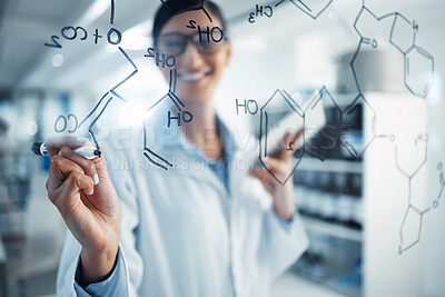 Buy stock photo Science, formula and woman writing chemistry equation for medical research, analysis and solution. Healthcare, pharmaceutical and happy female scientist with tablet write on glass wall in laboratory
