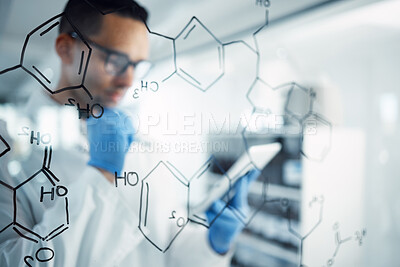 Buy stock photo Science, tablet and man with medical formula for chemistry research, equation and solution. Healthcare, pharmaceutical and male scientist brainstorming ideas for medicine development in laboratory