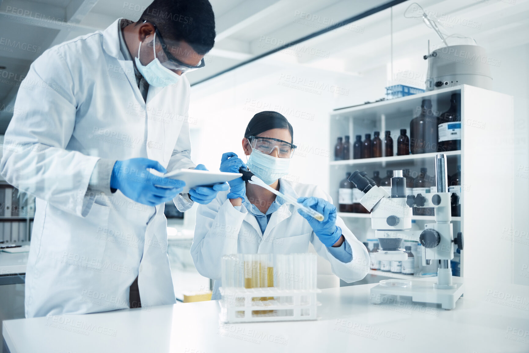 Buy stock photo People, mask or scientists on tablet in laboratory for results, life extension or antiaging medicine. Teamwork, vial or biologists with chemistry research, test tube or science information update