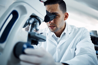 Buy stock photo Microscope, science and man scientist in a lab for research, medical and innovation. Healthcare, experiment and male expert with bacteria for development, observation or medical, sample and reaction