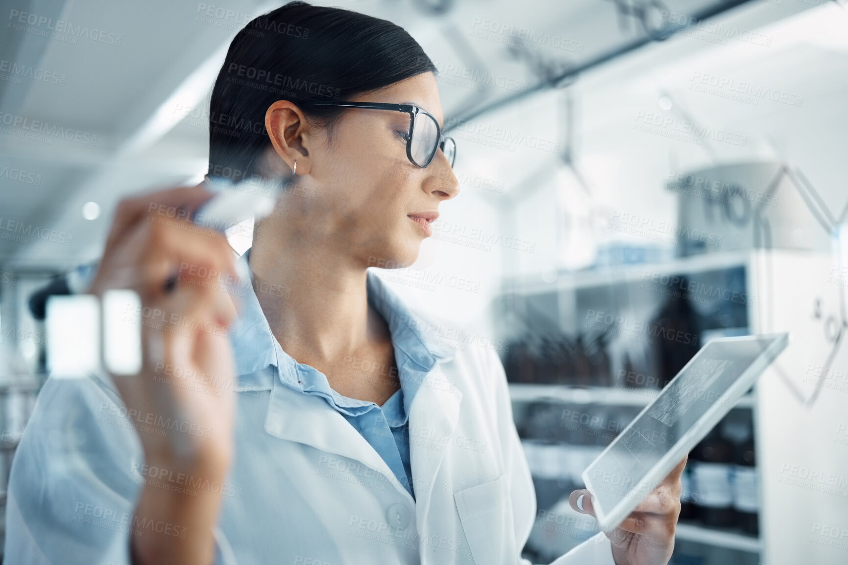 Buy stock photo Tablet, solution and woman scientist in a laboratory planning a science equation on a board. Technology, medical innovation and female researcher working on pharmaceutical project with digital mobile
