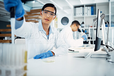 Buy stock photo Lab, microscope and scientist or working woman, science experiment and microbiologist with organism for research study. Virus, bacteria and biotechnology innovation, professional and test tube