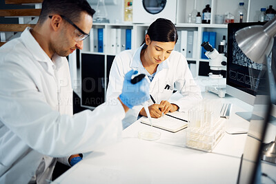 Buy stock photo Science, team and pipette on petri dish for research, test or chemical analysis for health innovation in lab. Dropper, scientist and people in medical study of drugs, biotechnology or writing notes