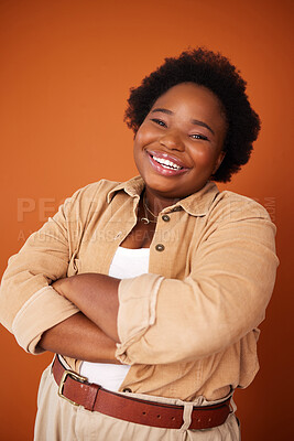 Buy stock photo Black woman, happy and fashion portrait in studio with confidence to promote plus size aesthetic, trending and clothing. African person, designer and isolated with stylish handmade outfit and proud.