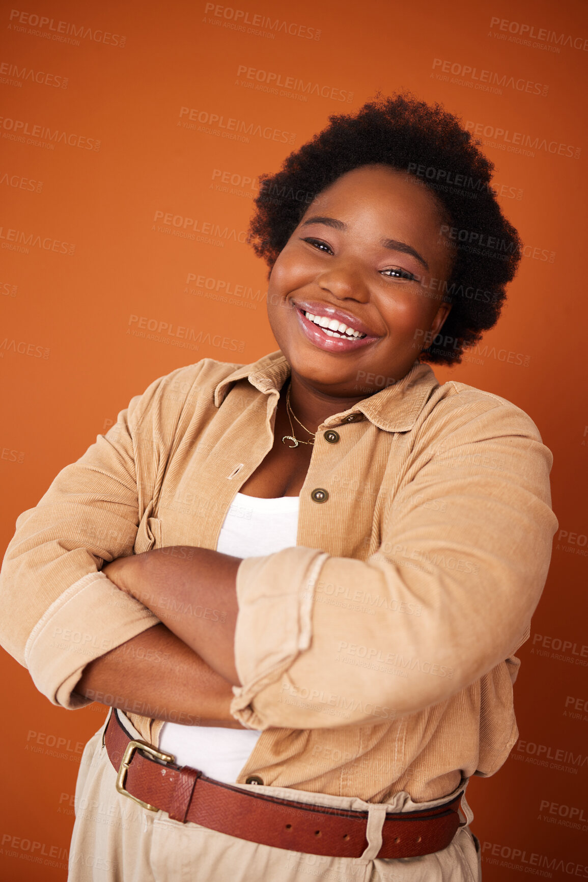 Buy stock photo Black woman, happy and fashion portrait in studio with confidence to promote plus size aesthetic, trending and clothing. African person, designer and isolated with stylish handmade outfit and proud.