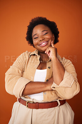 Buy stock photo Black woman, smile and fashion portrait in studio with confidence to promote plus size aesthetic, trending and clothing. African person, designer and isolated with stylish handmade outfit and happy.