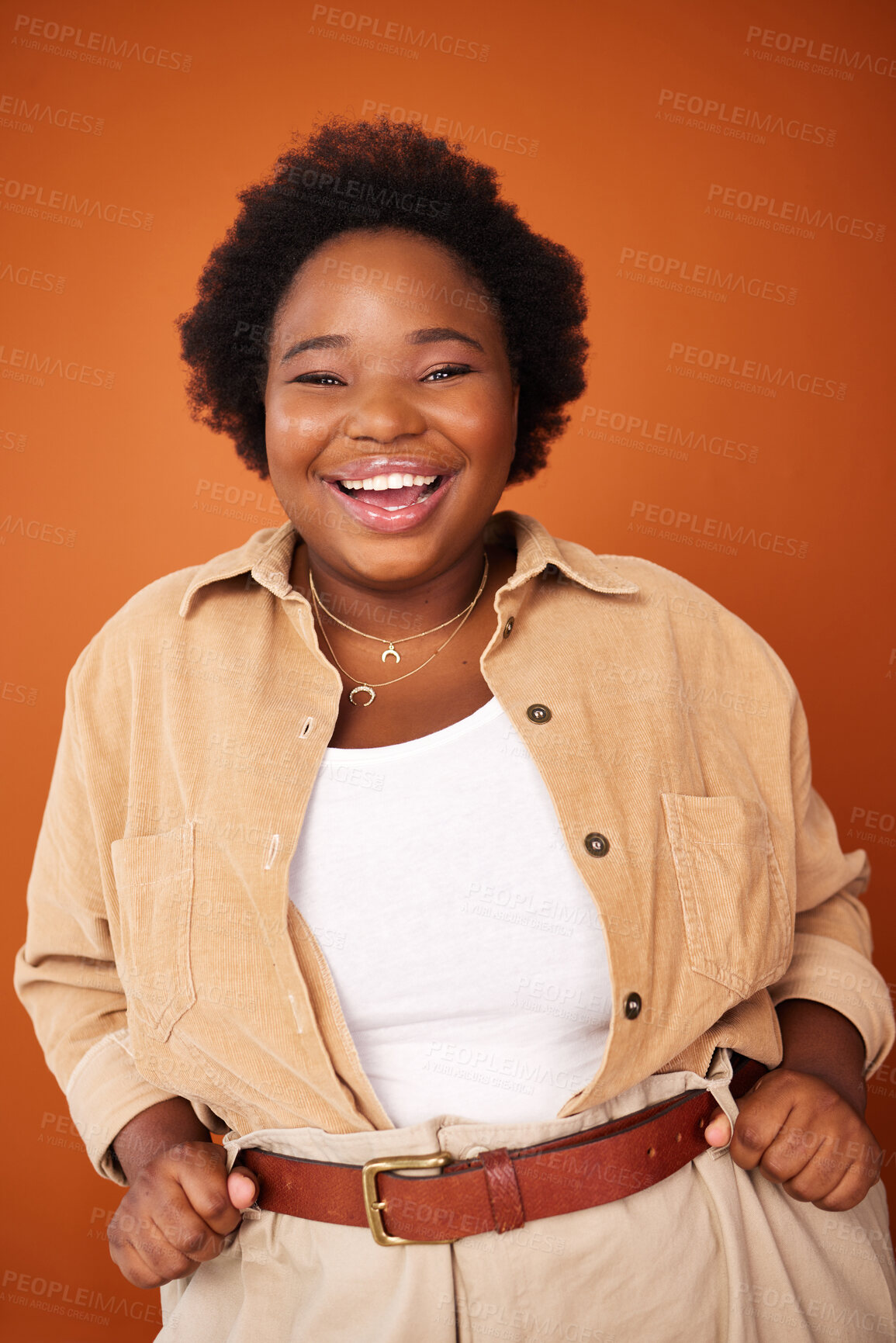 Buy stock photo Black woman, happy and fashion portrait in studio with confidence to promote plus size aesthetic, trending and clothing. African person, designer and isolated with stylish handmade outfit and proud.