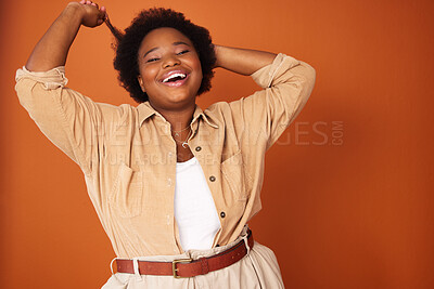 Buy stock photo Black woman, fashion and happy in studio portrait with confidence for plus size, aesthetic and clothing. Female person, smile and designer outfit isolated background for comfort, stylish or trendy