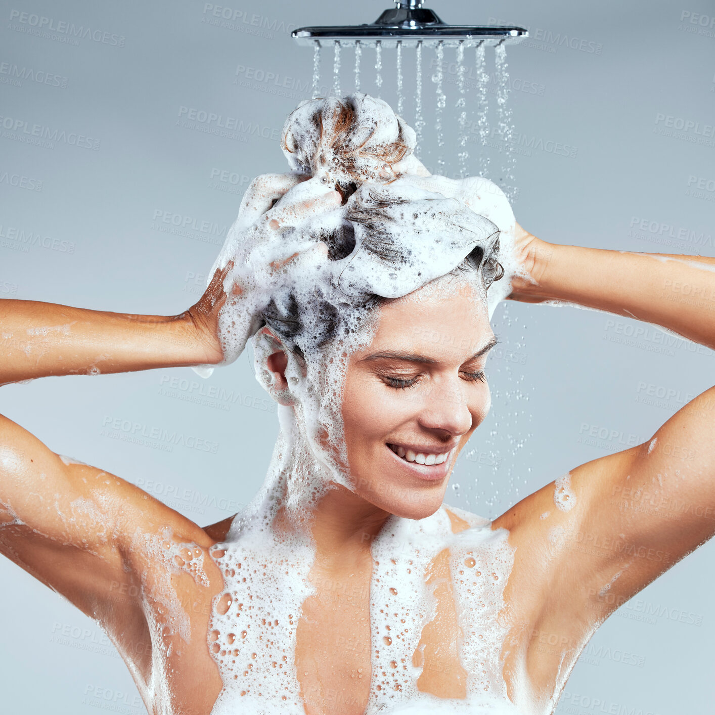 Buy stock photo Shampoo, water or happy woman in shower for hair care, healthy hygiene or cleaning with soap foam. Studio, white background or wet girl with wellness or drops for beauty or liquid for morning routine
