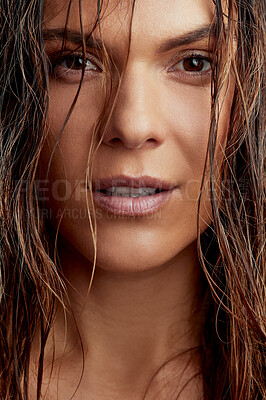 Buy stock photo Closeup shot of a beautiful young woman with wet hair