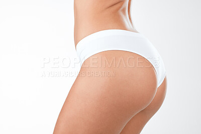 Buy stock photo Underwear, butt and woman with skincare in studio for beauty, cellulite and wellness with dermatology treatment. Person, healthy and liposuction with spa care of natural body on white background