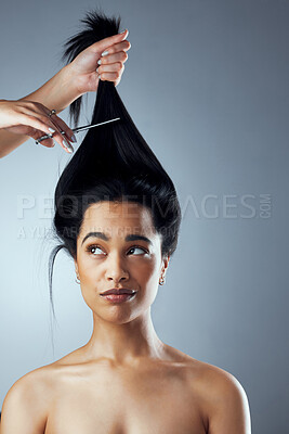 Buy stock photo Studio shot of  young woman getting her hair cut against a grey background