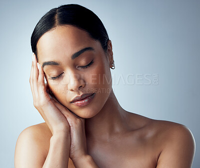 Buy stock photo Skincare, face and woman in studio for natural, dermatology and cosmetic on grey background. Soft, skin and female model relax with calm, pamper and luxury glow or treatment, self love or routine